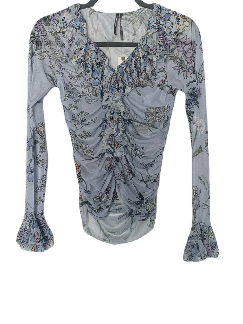 NEW Anthropologie Small Floral Ruffle Ruched V Neck Sheer Blouse Cottagecore